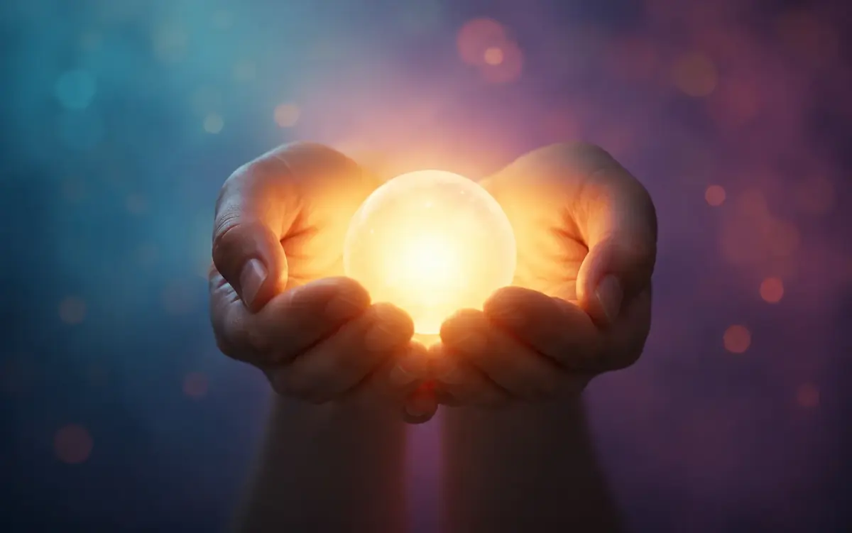 Manos sosteniendo una esfera de luz